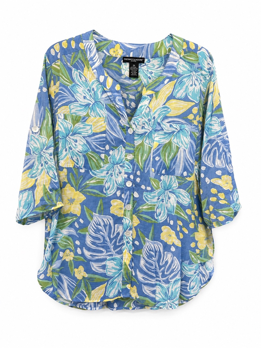 Preswick & Moore Blue Floral Button-Down Shirt with Yellow & Green Accents